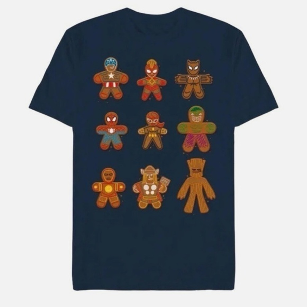NWT. MARVEL Men’s Navy Graphic T-Shirt with Gingerbread Charact